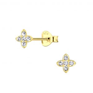 Silver Flower Stud Earrings - White