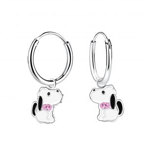 10031788-Silver Dog Charm Hoop Earrings
