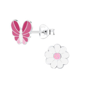 10014168 - Silver Butterfly and Flower Stud Earrings