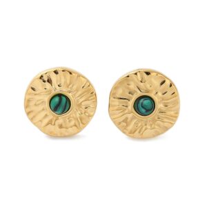 SSE30404 - 304 Stainless Steel Synthetic Malachite Stud Earrings Real 14K Gold Plated