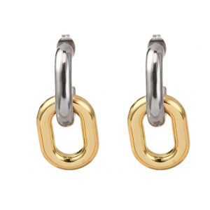 SSE30412 - 304 Stainless Steel Two Tone Oval Dangle Stud Earrings Real 18K Gold Plated