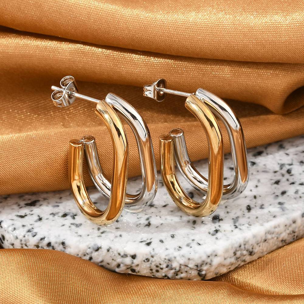SSE30409 - 304 Stainless Steel Stud Earrings crescent two tone - Image 2