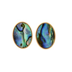 SSE30407 - 304 Stainless Steel Natural Paua Shell Stud Earrings Oval Real 18K Gold Plated