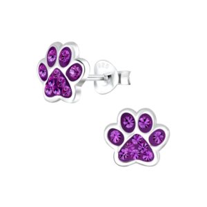 10005461 - Silver Paw Print Stud Earrings - Amethyst