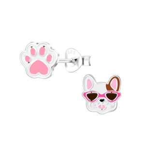 10027938 - Silver Paw Print and French Bulldog Stud Earrings