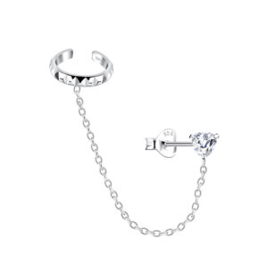 10031988 - Silver 4mm Trillion Cubic Zirconia Stud Earrings and Patterned Ear Cuff with Chain